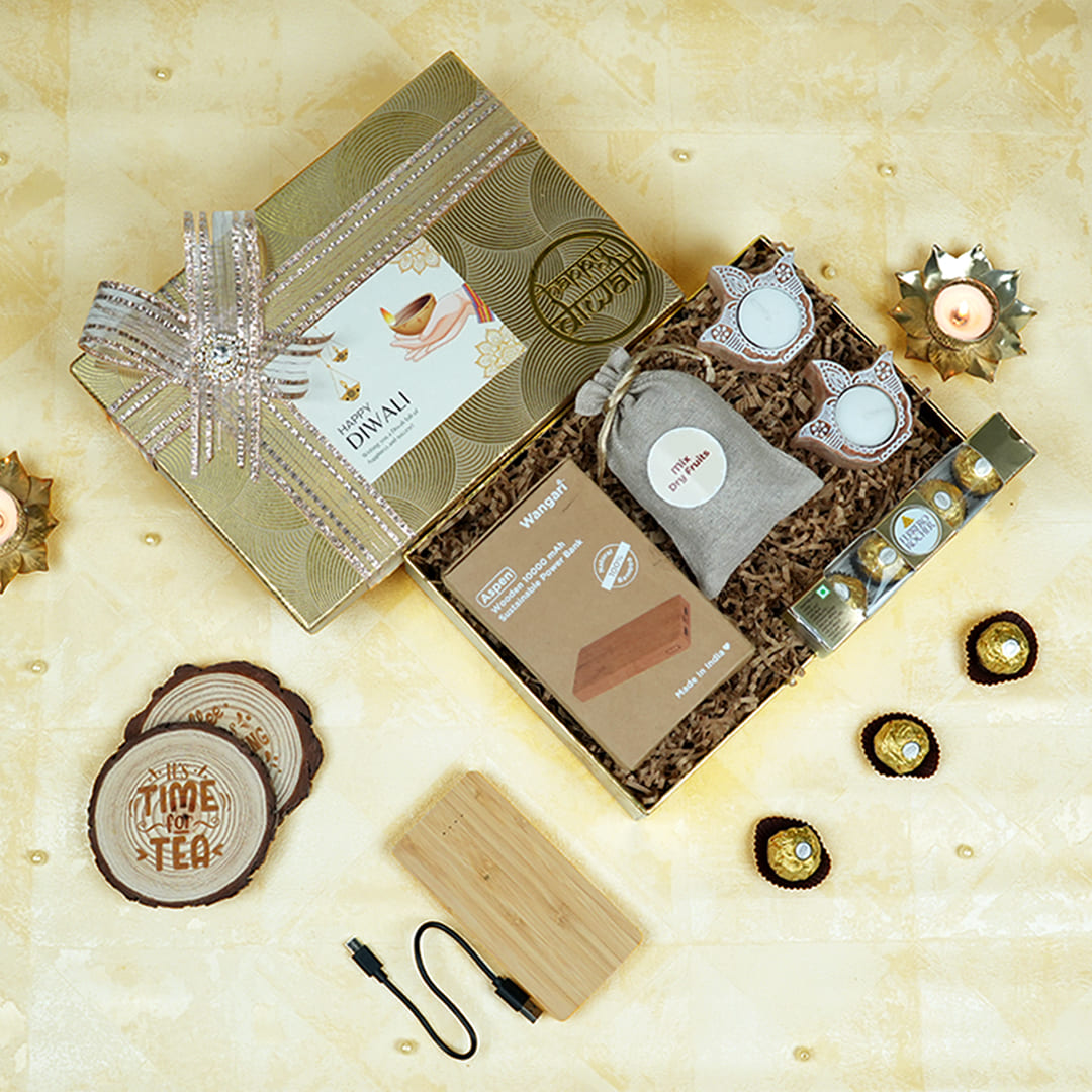 Corporate Diwali Gifts India Wooden Power Bank and Gourmet Dry Fruits